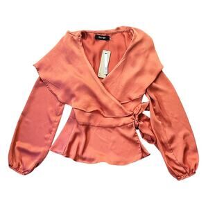 NWT Do+Be Metallic Peach V-Neck Satin Wrap Top Blouse Small